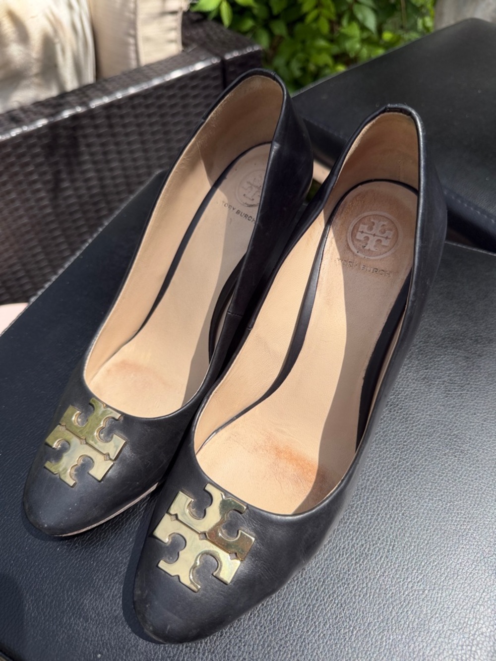 Tory Burch Black Leather Wedge with Gold Logo